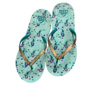 Reef Kids Stargazer Prints Kids Girl Aqua Mermaids Flip Flop Sandals-Teal-Size 5